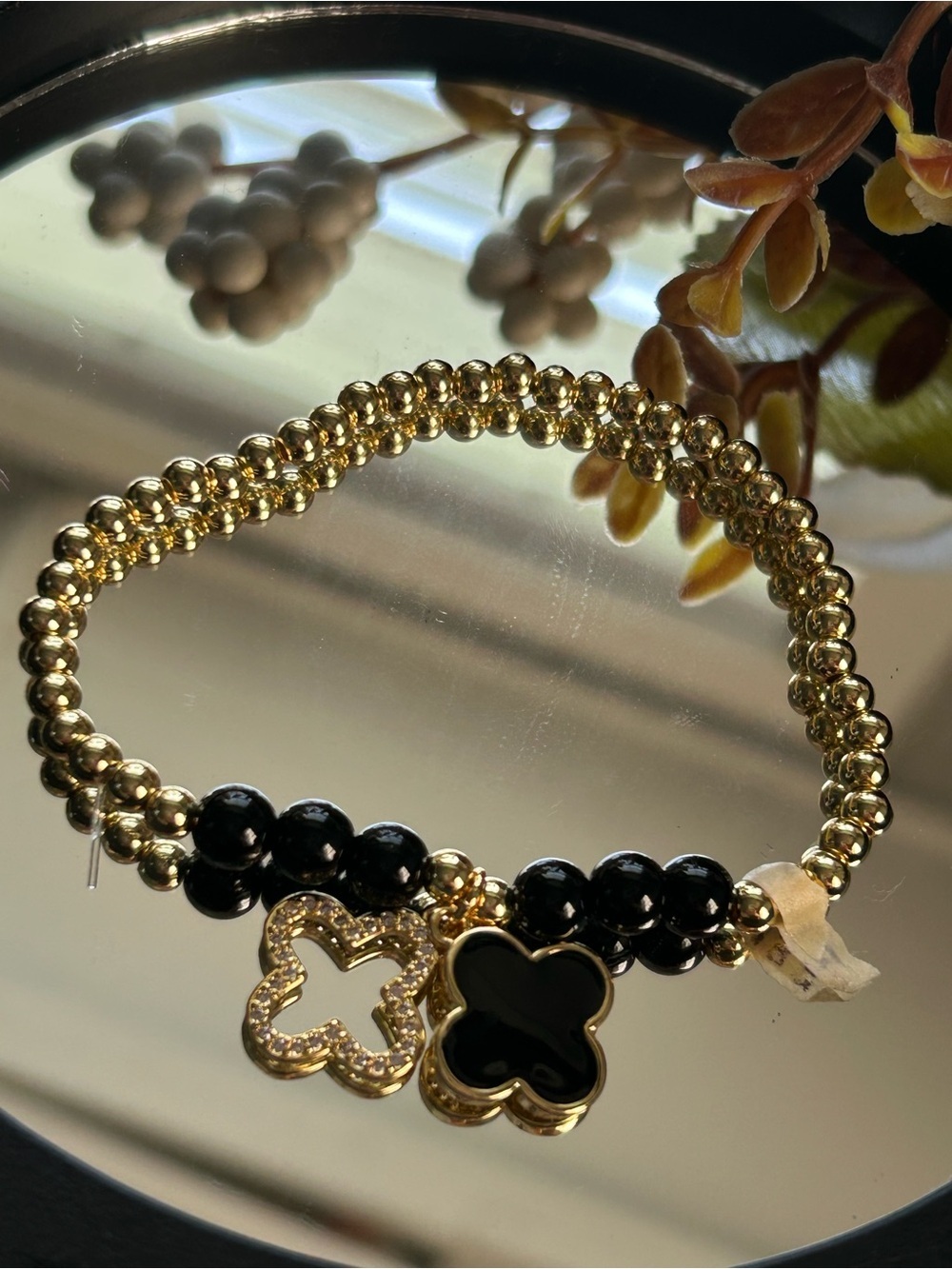 Gold and Black Beaded Heart Accent Bracelet